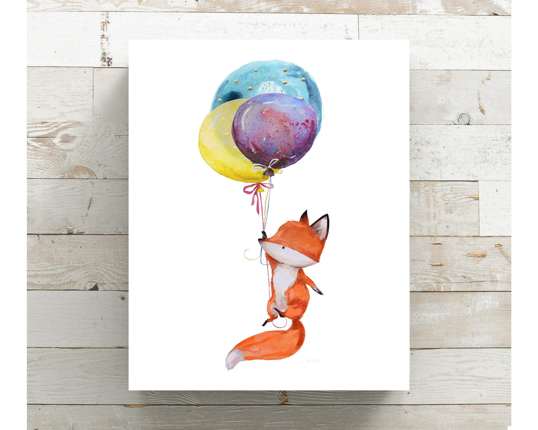 Watercolor FOX WALL ART, Fox Nursery Decor in Print, fox with bunch of balloons, Girls or Boys Bedroom Decor, Fox Print  - H1277 nursery art print baby nursery bedroom decor