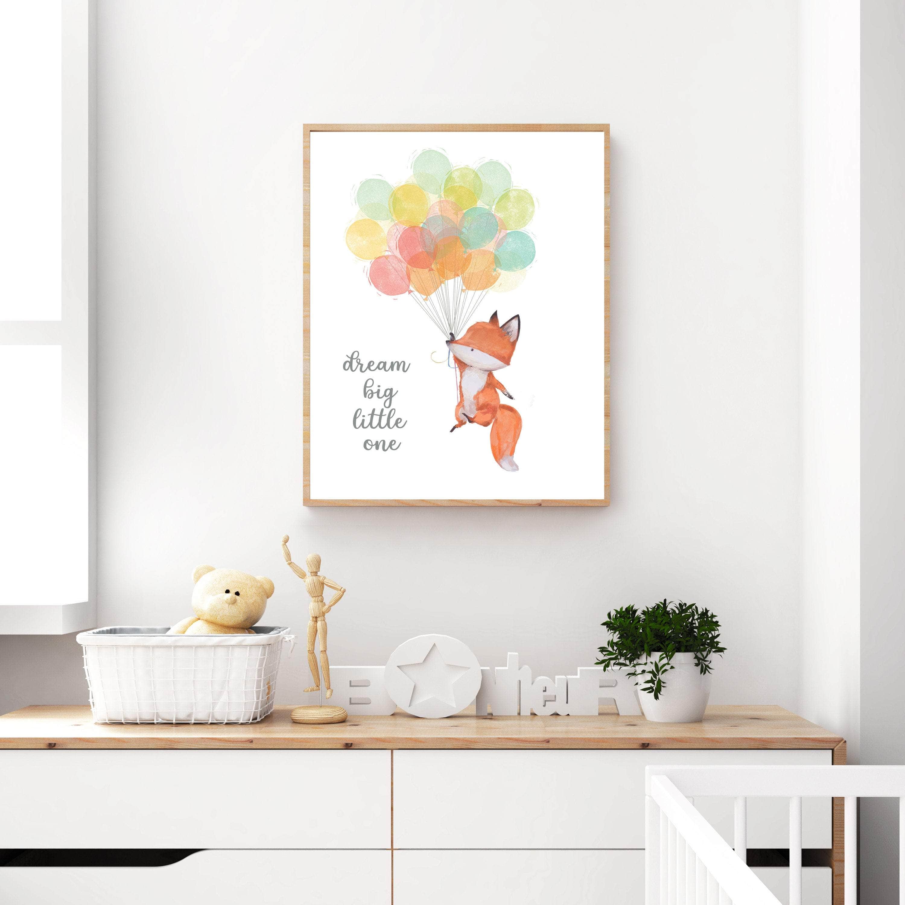 Watercolor FOX WALL ART, Fox Nursery Decor in Prints, fox with bunch of balloons, Girls or Boys Bedroom Decor, Fox Print  - H1342 nursery art print baby nursery bedroom decor