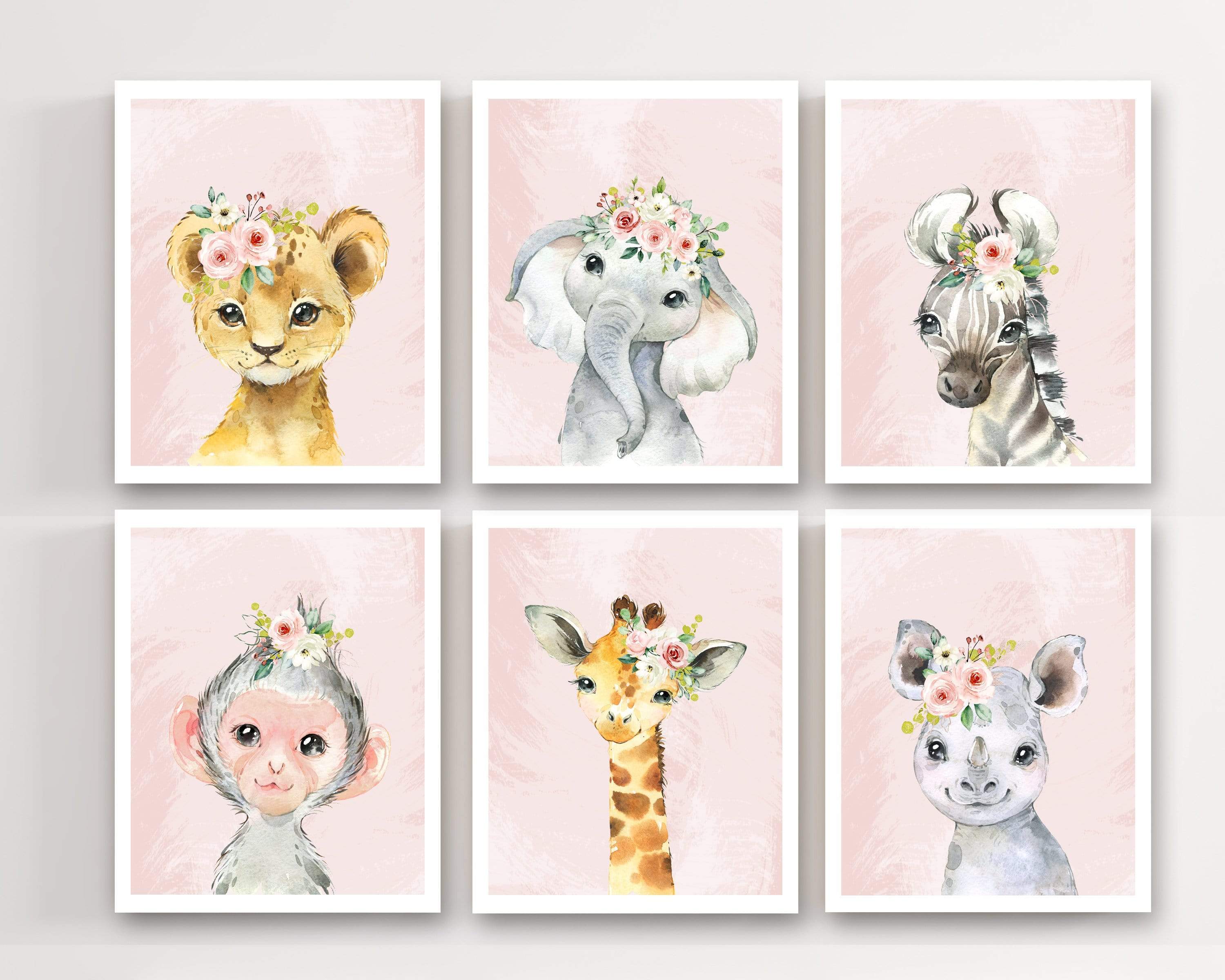 Wild Animal wall Art | Baby lion, elephant, zebra, monkey, giraffe & rhino nursery art print baby nursery bedroom decor