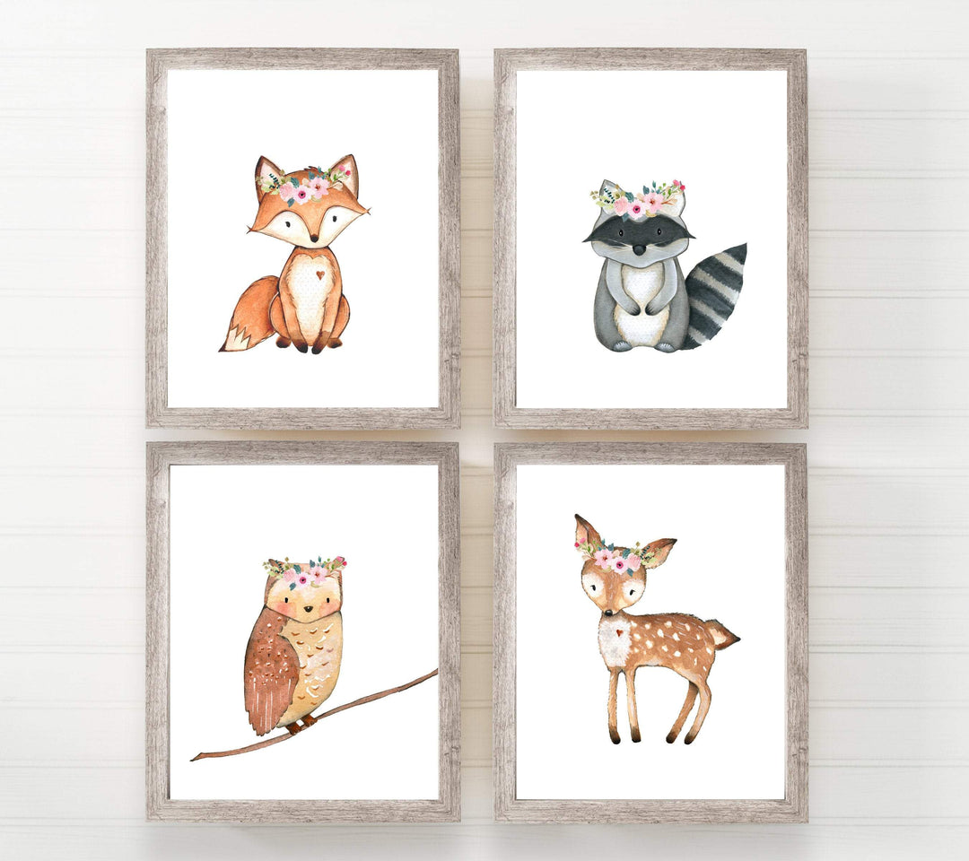 Woodland animal prints - Woodland creatures - Printable nursery - Set of 4 wall art - Nursery printables - Girls nursery decor - Fox Raccoon nursery art print baby nursery bedroom decor