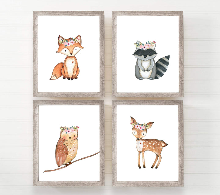 Woodland animal prints - Woodland creatures - Printable nursery - Set of 4 wall art - Nursery printables - Girls nursery decor - Fox Raccoon nursery art print baby nursery bedroom decor