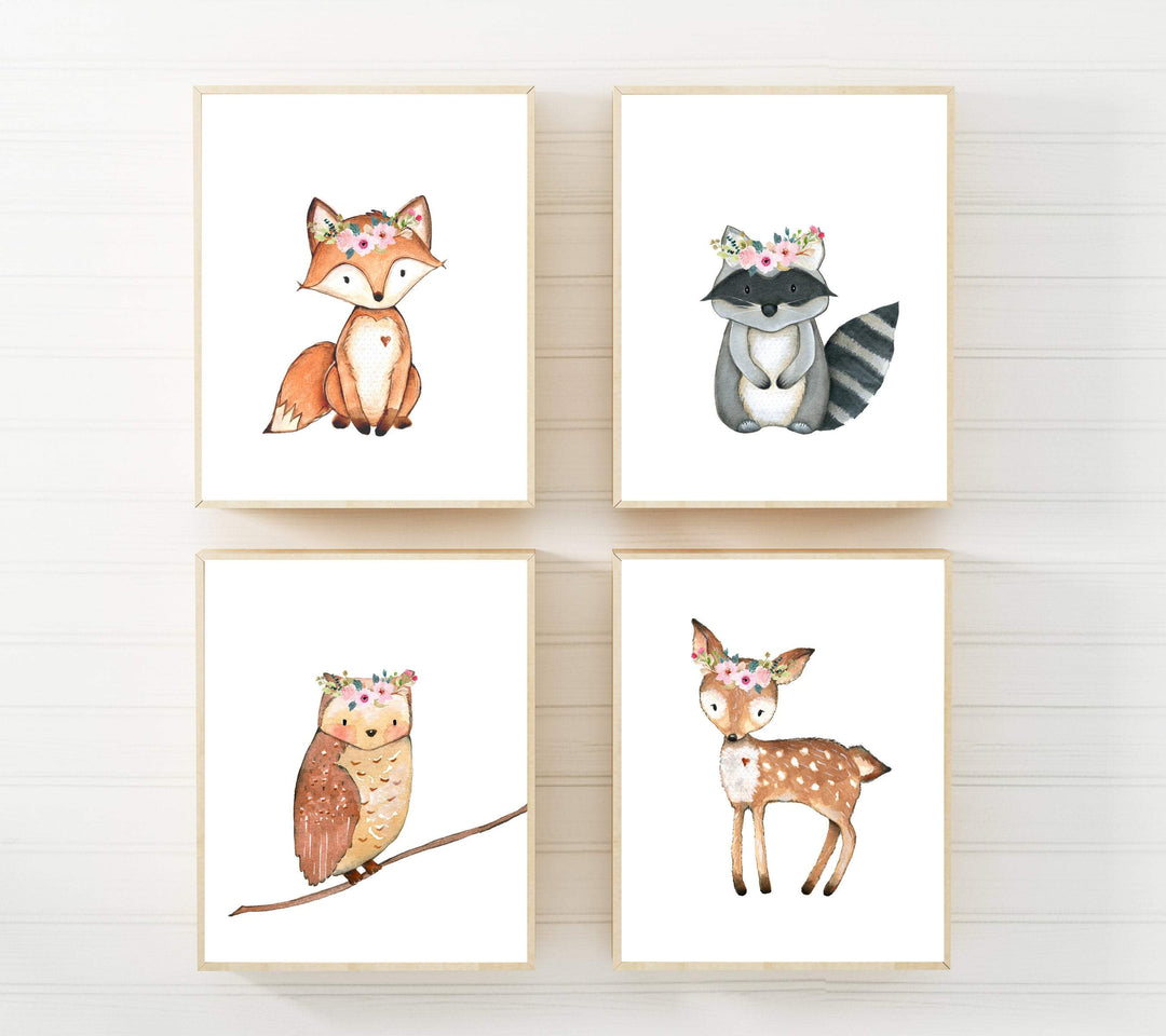 Woodland animal prints - Woodland creatures - Printable nursery - Set of 4 wall art - Nursery printables - Girls nursery decor - Fox Raccoon nursery art print baby nursery bedroom decor