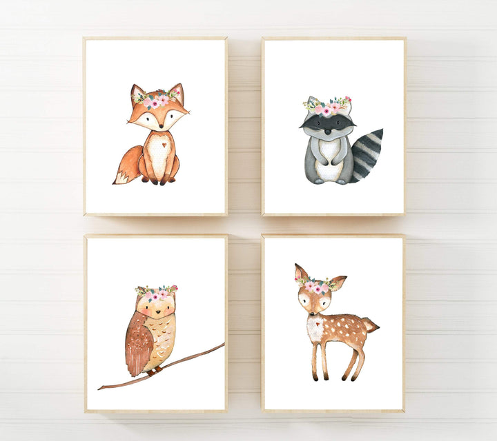 Woodland animal prints - Woodland creatures - Printable nursery - Set of 4 wall art - Nursery printables - Girls nursery decor - Fox Raccoon nursery art print baby nursery bedroom decor
