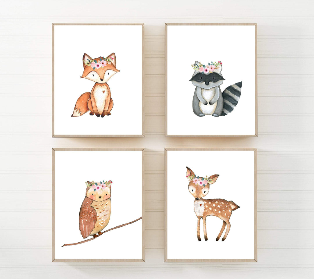 Woodland animal prints - Woodland creatures - Printable nursery - Set of 4 wall art - Nursery printables - Girls nursery decor - Fox Raccoon nursery art print baby nursery bedroom decor