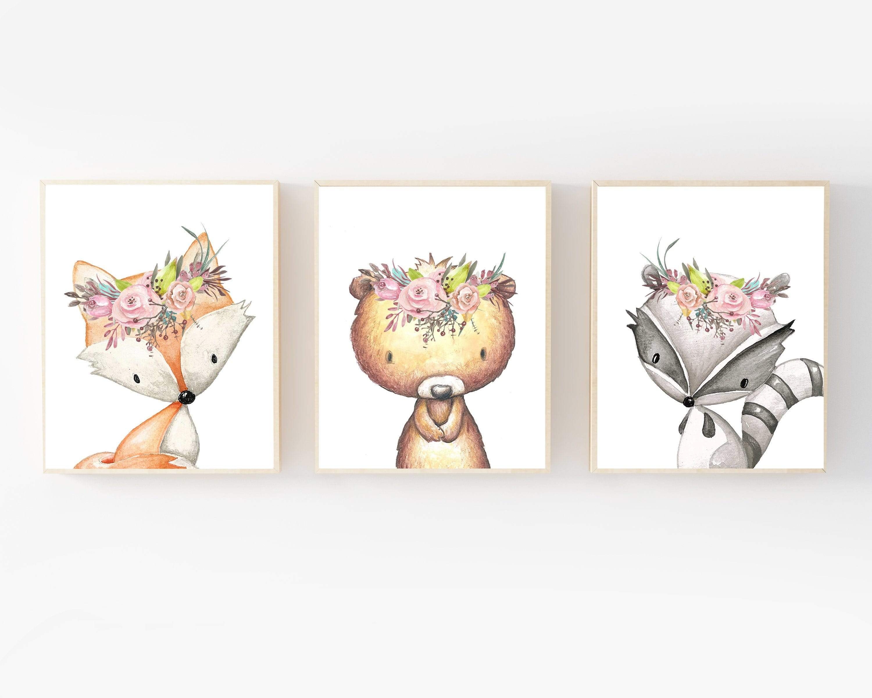 Woodland Animals with Flower Crowns Wall Art | set of 3 prints | Girls Nursery Prints nursery art print baby nursery bedroom decor