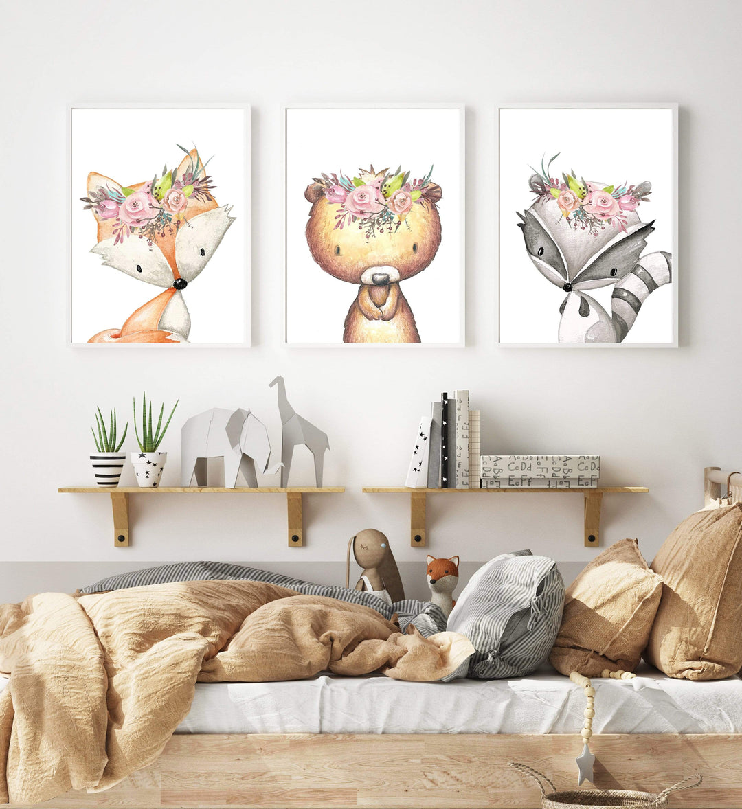 Woodland Animals with Flower Crowns Wall Art | set of 3 prints | Girls Nursery Prints nursery art print baby nursery bedroom decor