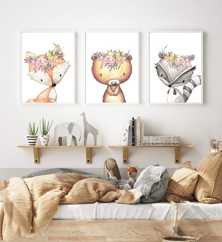 Woodland Animals with Flower Crowns Wall Art | set of 3 prints | Girls Nursery Prints nursery art print baby nursery bedroom decor