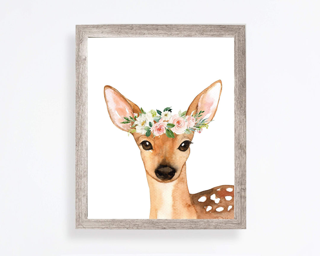 Woodland art print - Woodland animal prints - Deer wall art - Blush pink flowers - Forest wall art - Girls woodland nursery print - H1698 nursery art print baby nursery bedroom decor