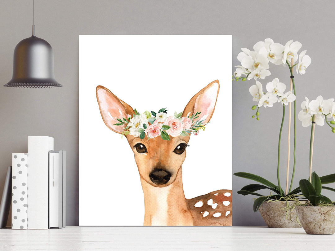 Woodland art print - Woodland animal prints - Deer wall art - Blush pink flowers - Forest wall art - Girls woodland nursery print - H1698 nursery art print baby nursery bedroom decor