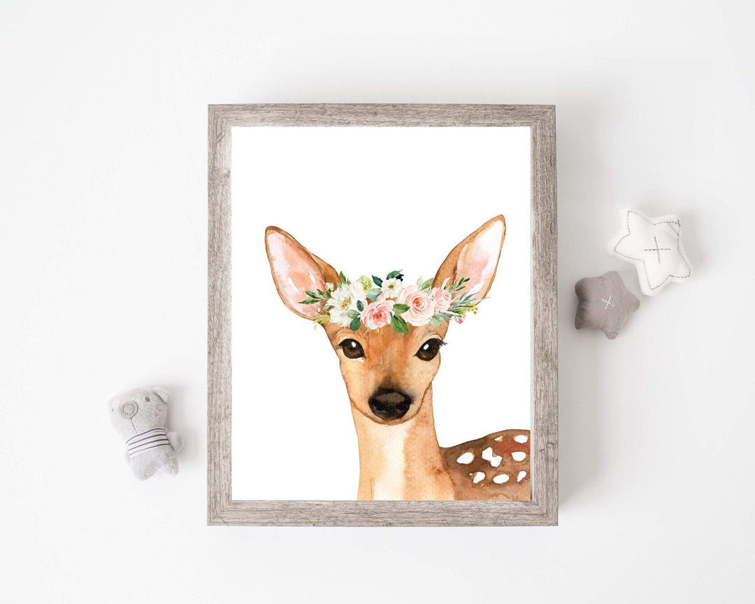 Woodland art print - Woodland animal prints - Deer wall art - Blush pink flowers - Forest wall art - Girls woodland nursery print - H1698 nursery art print baby nursery bedroom decor