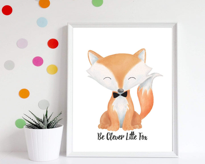 Woodland Fox with Quote Be Clever Little Fox nursery art print baby nursery bedroom decor
