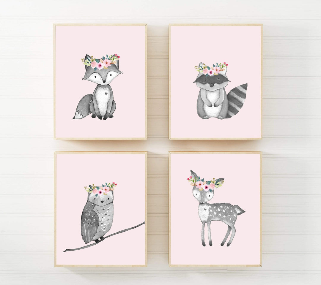 Woodland nursery decor - Pink nursery prints - Woodland animals print nursery art print baby nursery bedroom decor