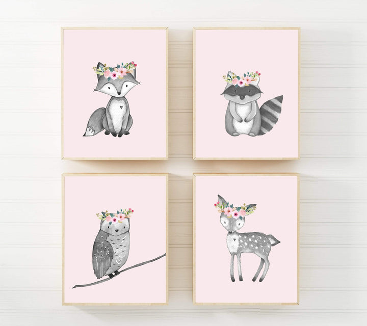 Woodland nursery decor - Pink nursery prints - Woodland animals print nursery art print baby nursery bedroom decor