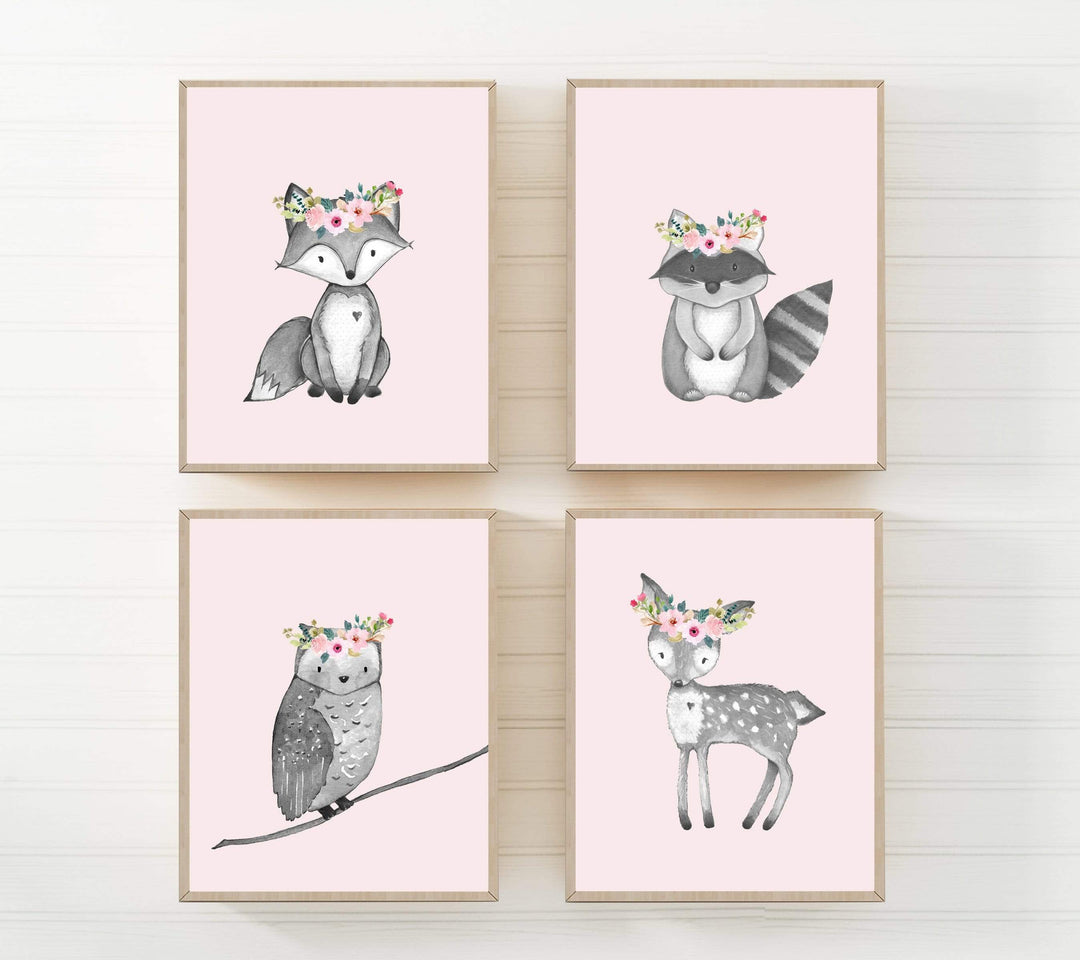 Woodland nursery decor - Pink nursery prints - Woodland animals print nursery art print baby nursery bedroom decor