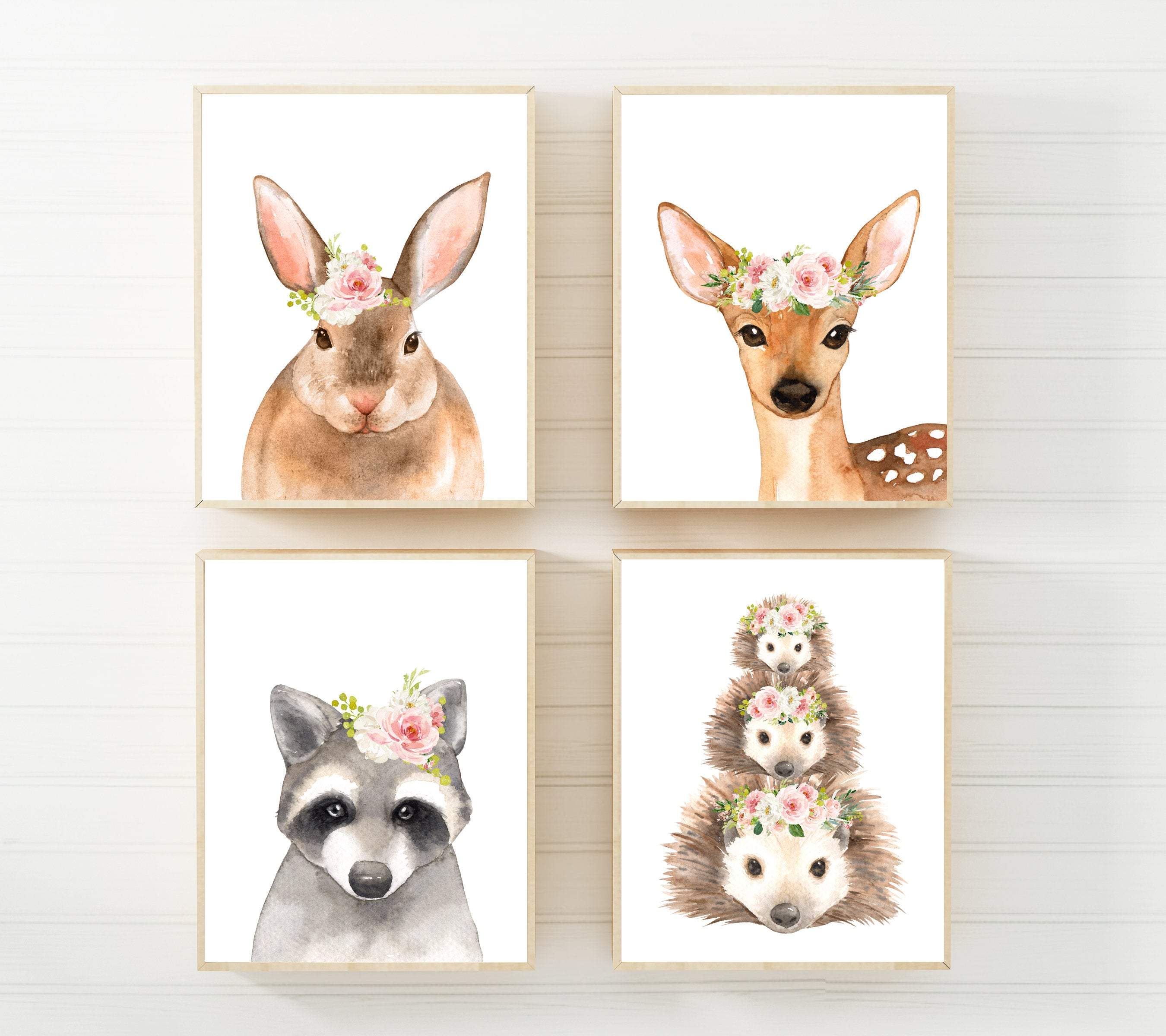 Woodland nursery theme decor | watercolor baby animal prints with hedgehog, rabbit & deer nursery art print baby nursery bedroom decor