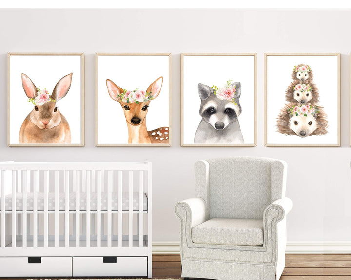Woodland nursery theme decor | watercolor baby animal prints with hedgehog, rabbit & deer nursery art print baby nursery bedroom decor