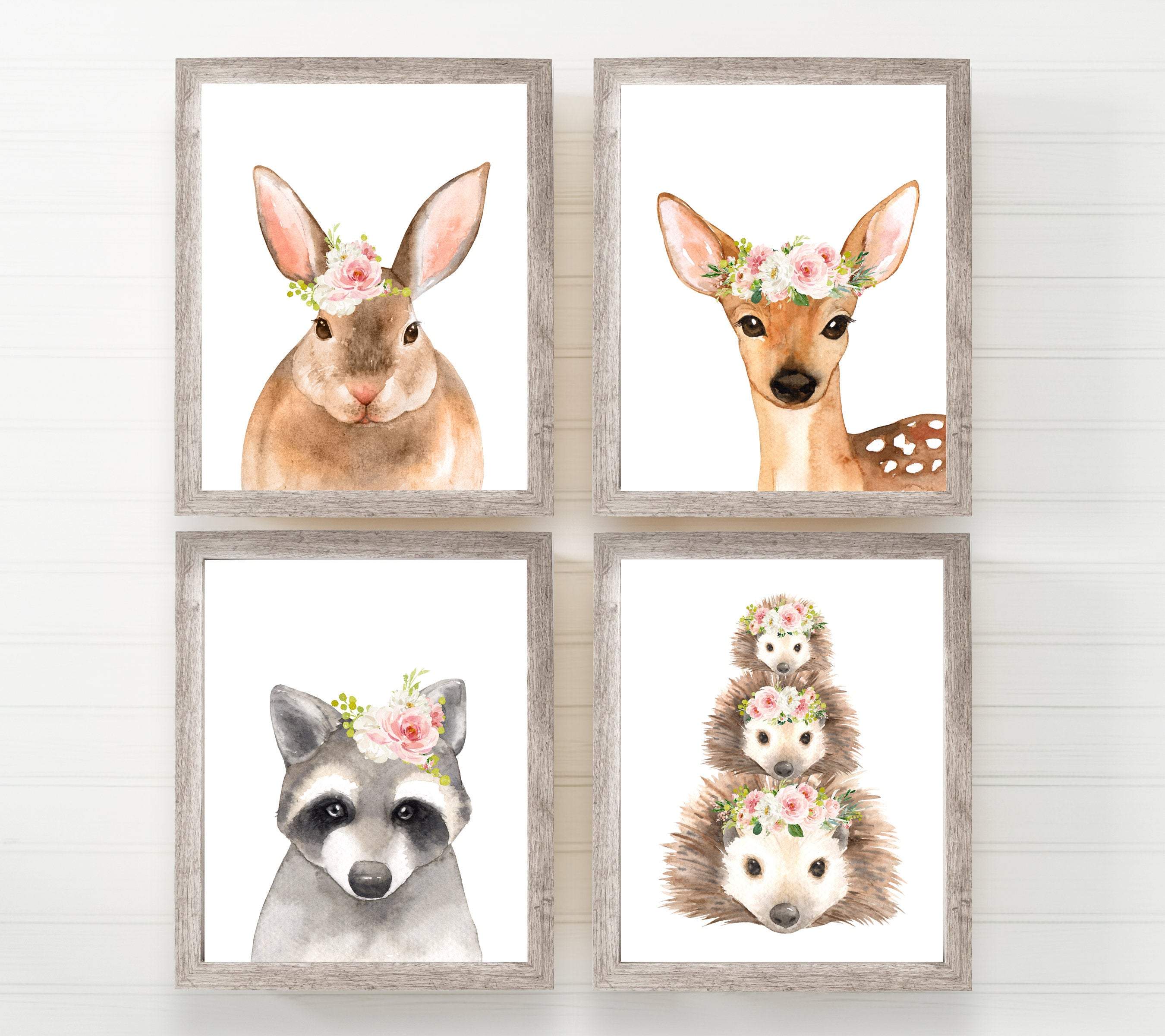 Woodland nursery theme decor | watercolor baby animal prints with hedgehog, rabbit & deer nursery art print baby nursery bedroom decor