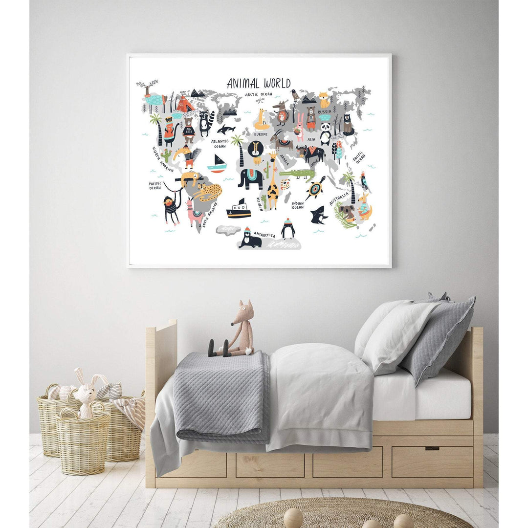 World map for nursery - Animal world map print - Printable world map kids - World map wall art - Kids world map printable - World map poster nursery art print baby nursery bedroom decor