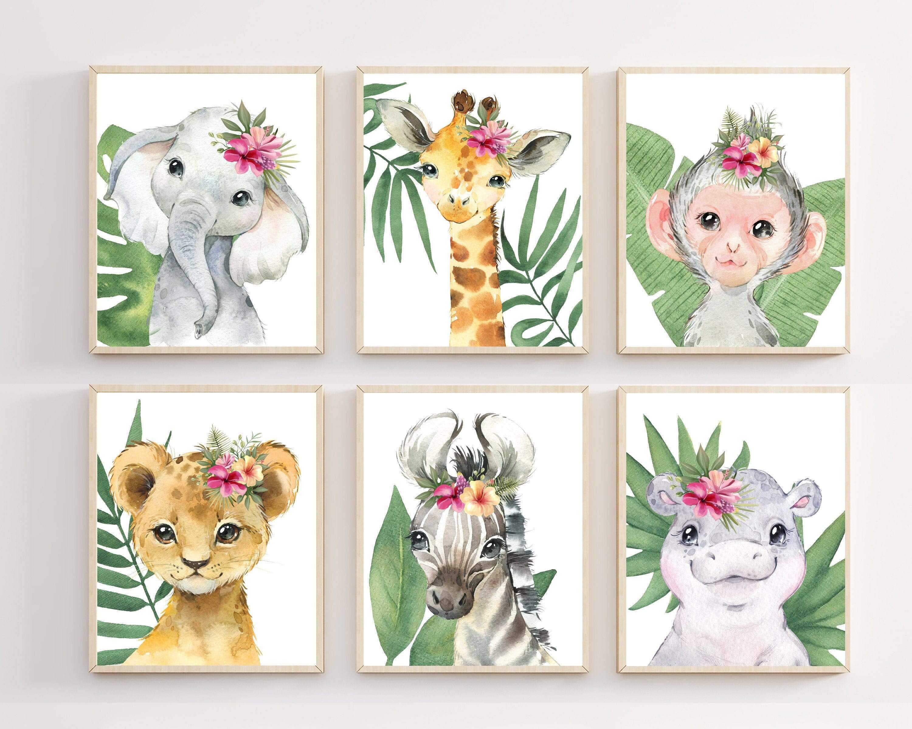 Safari baby animals - Girl safari nursery - Set of 6 prints - Baby animal print - Girl nursery wall art - Safari nursery decor - H2496 nursery art print baby nursery bedroom decor