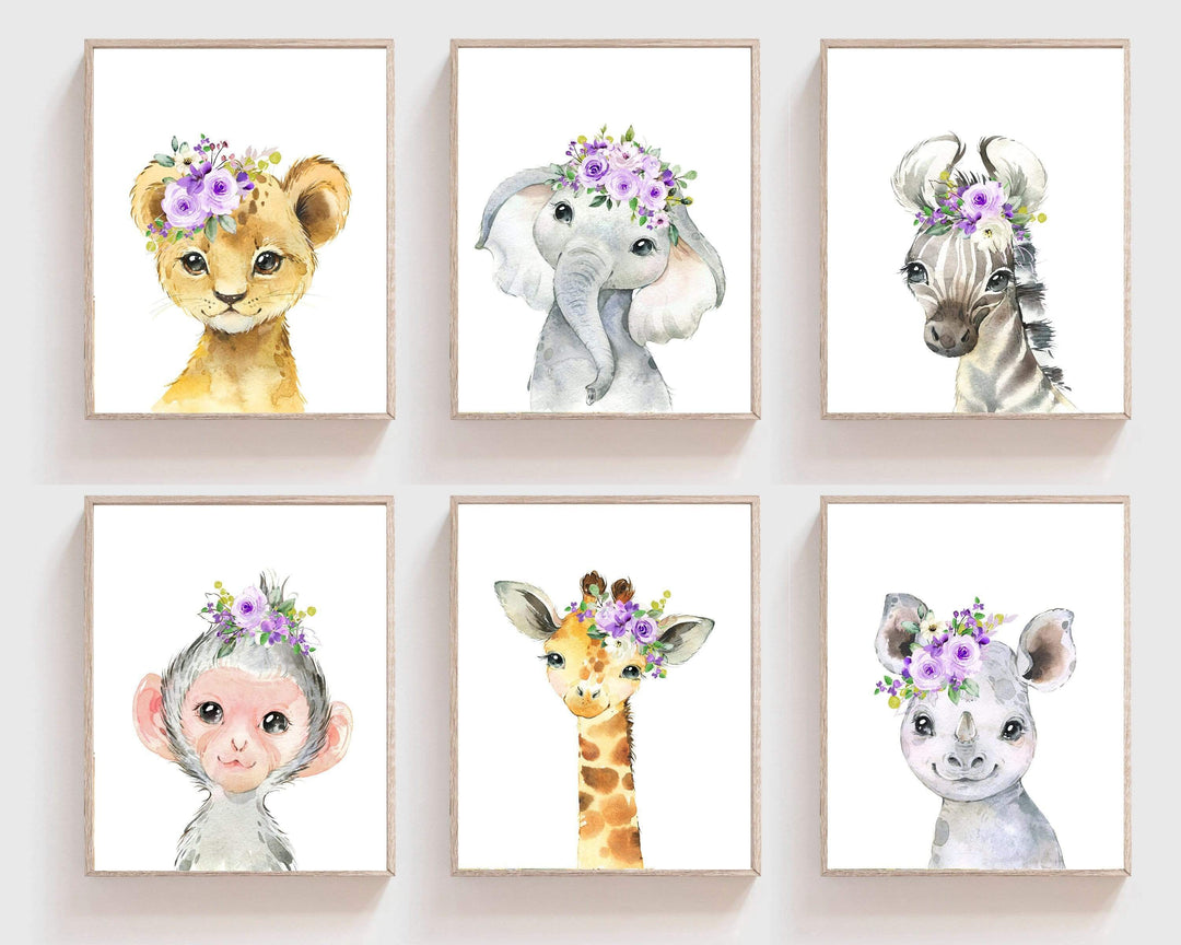Safari Nursery Decor - Watercolor Safari animal nursery art - Purple flower crown - Purple nursery decor - Baby animal - Printable safari nursery art print baby nursery bedroom decor