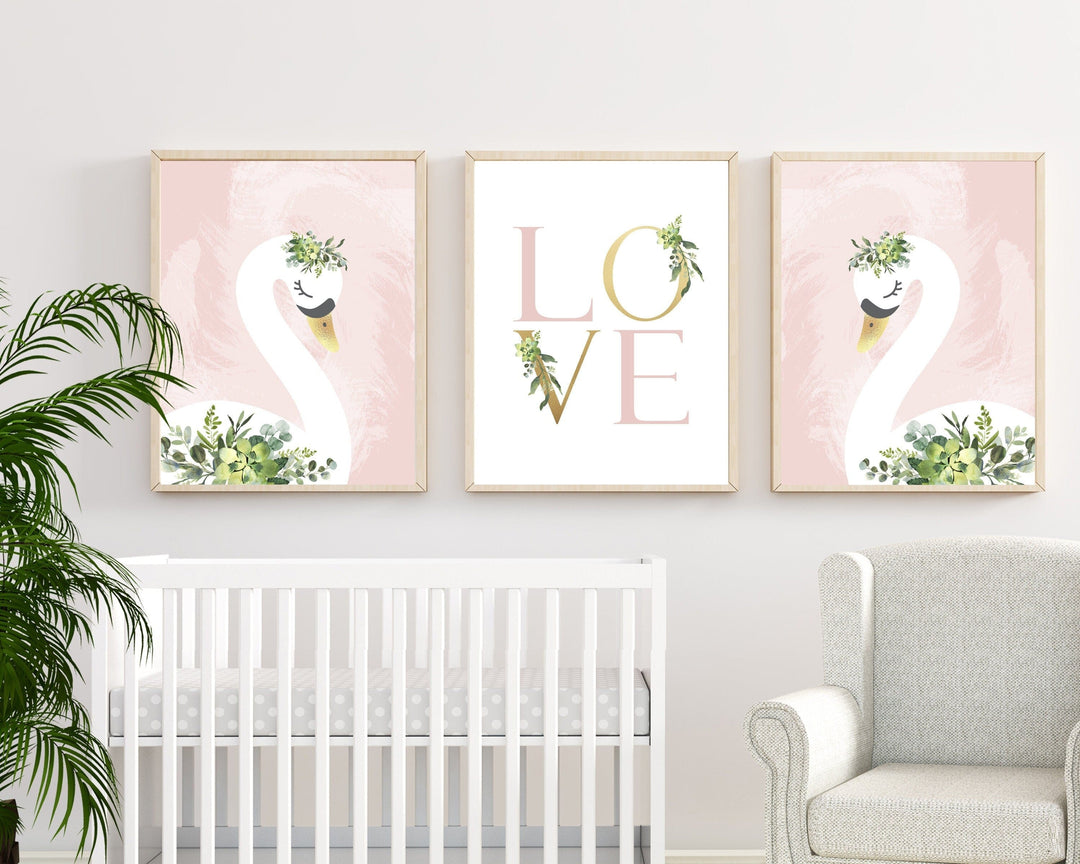 nursery art print baby nursery bedroom decor Swan nursery wall art - Blush pink nursery - Girl name wall art - Girl nursery decor - Watercolor swan - Swan nursery wall art - Name print