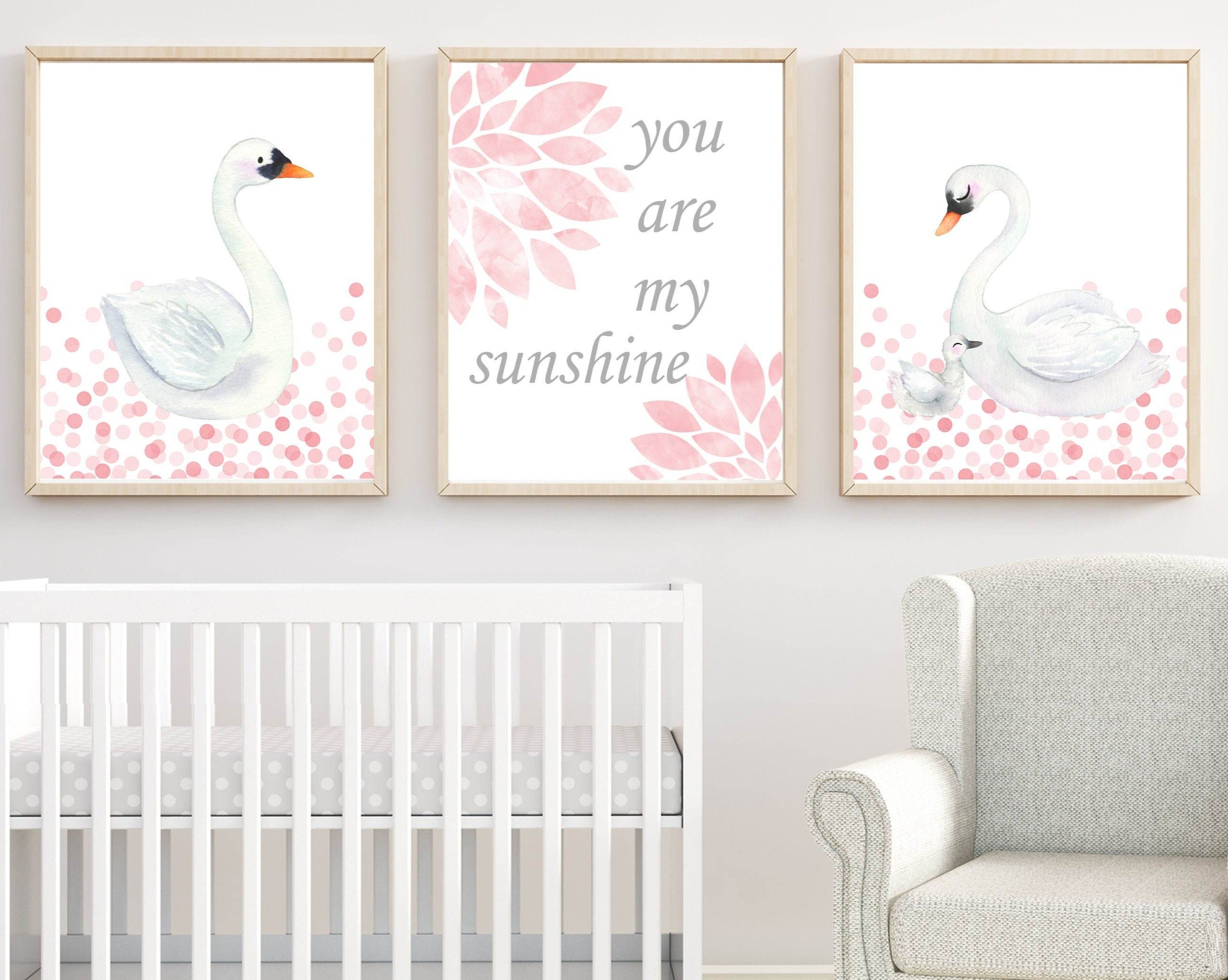 nursery art print baby nursery bedroom decor Swan Wall Art Print Set, Baby Girl Nursery Decor, Suits Pink and White Nursery, Girls Bedroom Wall Art, Set of 3 prints, Unframed - H576