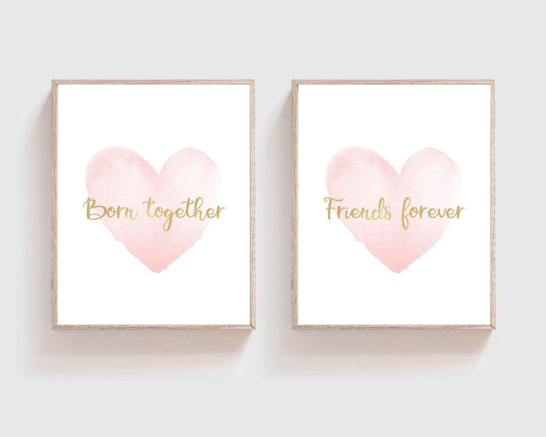 Twin girl wall art - Twin girl nursery decor - Pink nursery decor - Twin girl gifts - Twins printable art - Born together friends forever nursery art print baby nursery bedroom decor