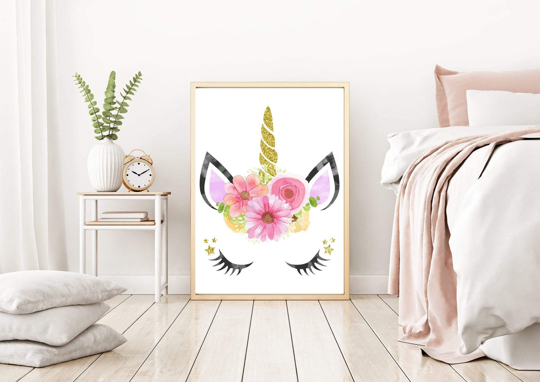 nursery art print baby nursery bedroom decor Unicorn Face Wall Art,  Unicorn Wall Art,  Unicorn Printable, Unicorn Nursery Decor, Gold Glitter, 1 - 8x10" Digital Instant Download -H1148
