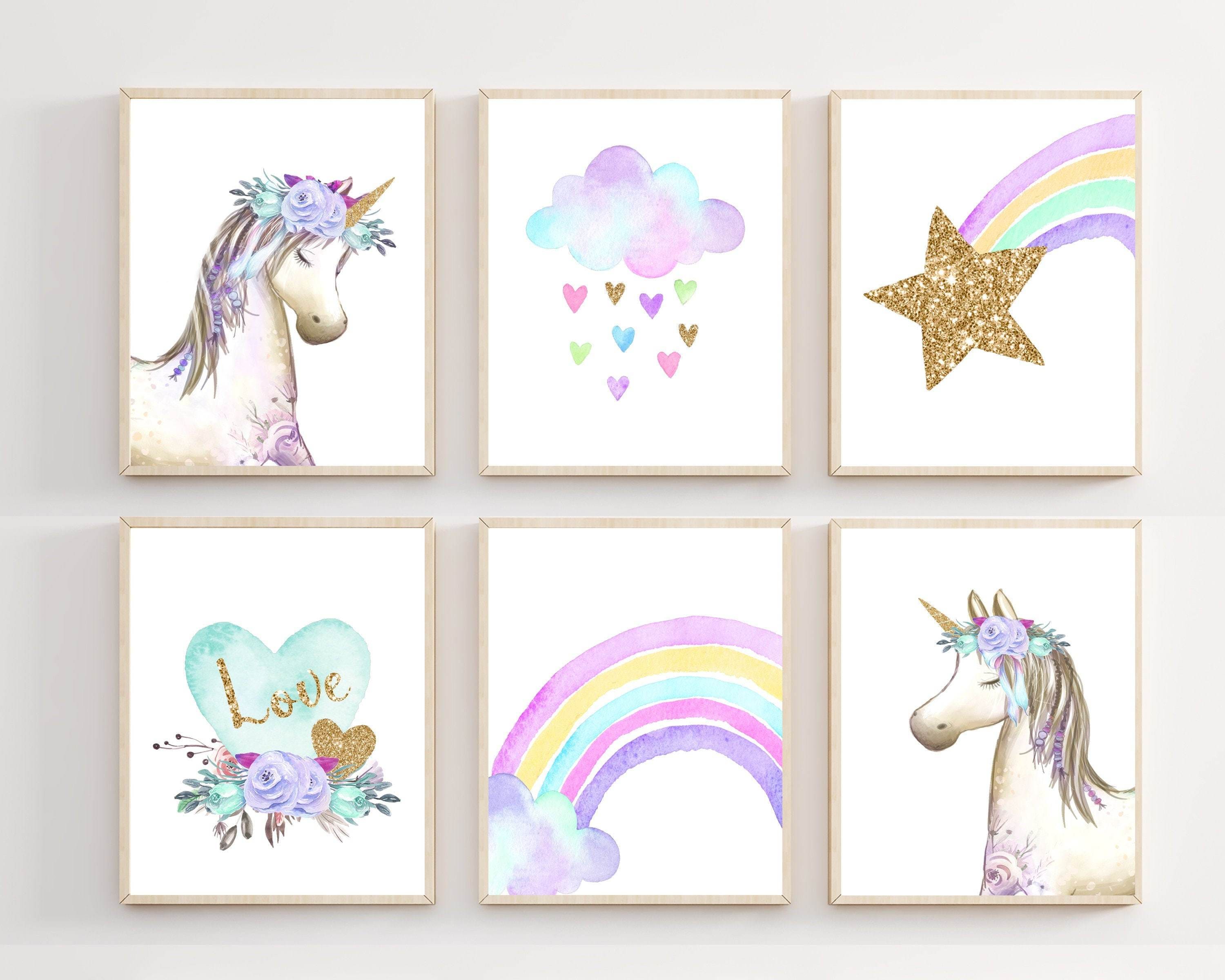 Unicorn wall decor - Unicorn  wall art - Unicorn prints - Girls room Unicorn decor - Unicorn print set - Purple Unicorn prints - Rainbow nursery art print baby nursery bedroom decor