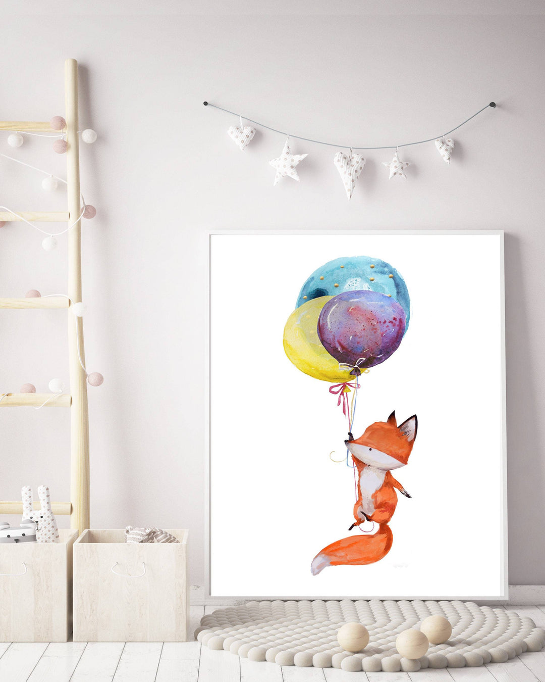 nursery art print baby nursery bedroom decor Watercolor FOX WALL ART, Fox Nursery Decor in Print, fox with bunch of balloons, Girls or Boys Bedroom Decor, Fox Print  - H1277