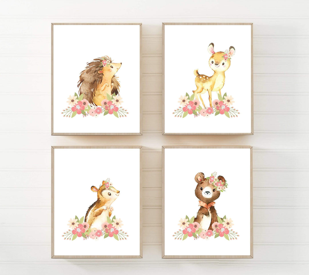 Woodland nusery girl - Pink Woodland nursery art prints - Baby girl nursery - Girl nursery decor - Woodland animal nursery prints - H587 nursery art print baby nursery bedroom decor