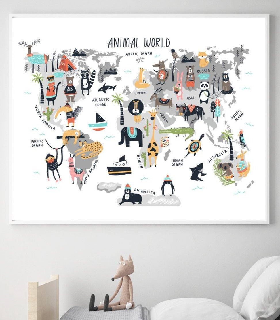 nursery art print baby nursery bedroom decor World map for nursery - Animal world map print - Printable world map kids - World map wall art - Kids world map printable - World map poster
